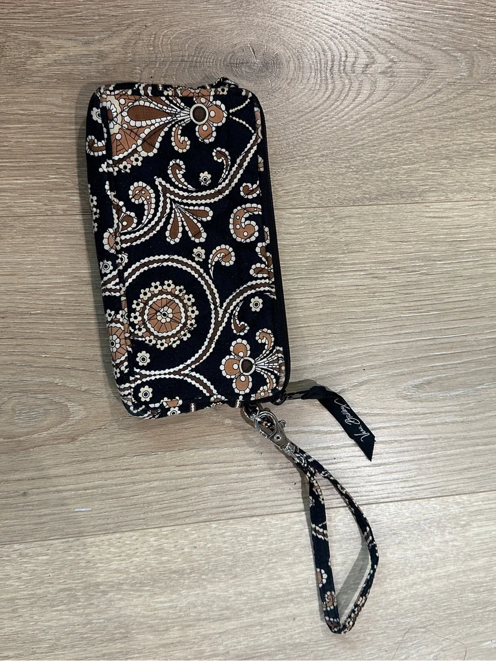 Vera Bradley Black Paisley Quilted Wristlet with Brown Accents